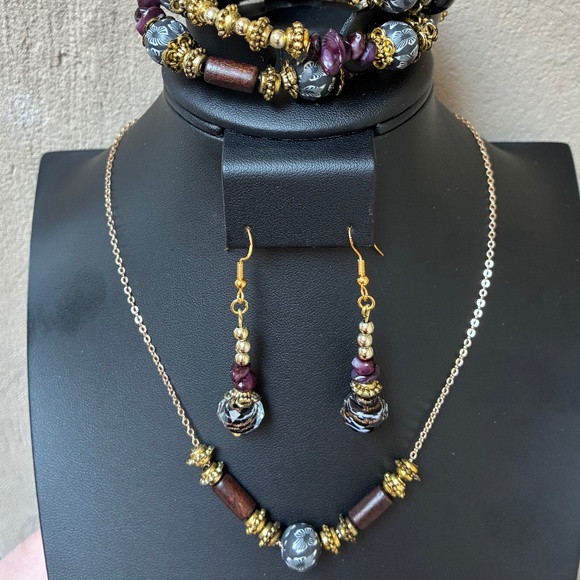 Hand Crafted Jewelry - Multi & Gold Tone Jewelry Set: Wrap Bracelet, Matching Earrings & Necklace